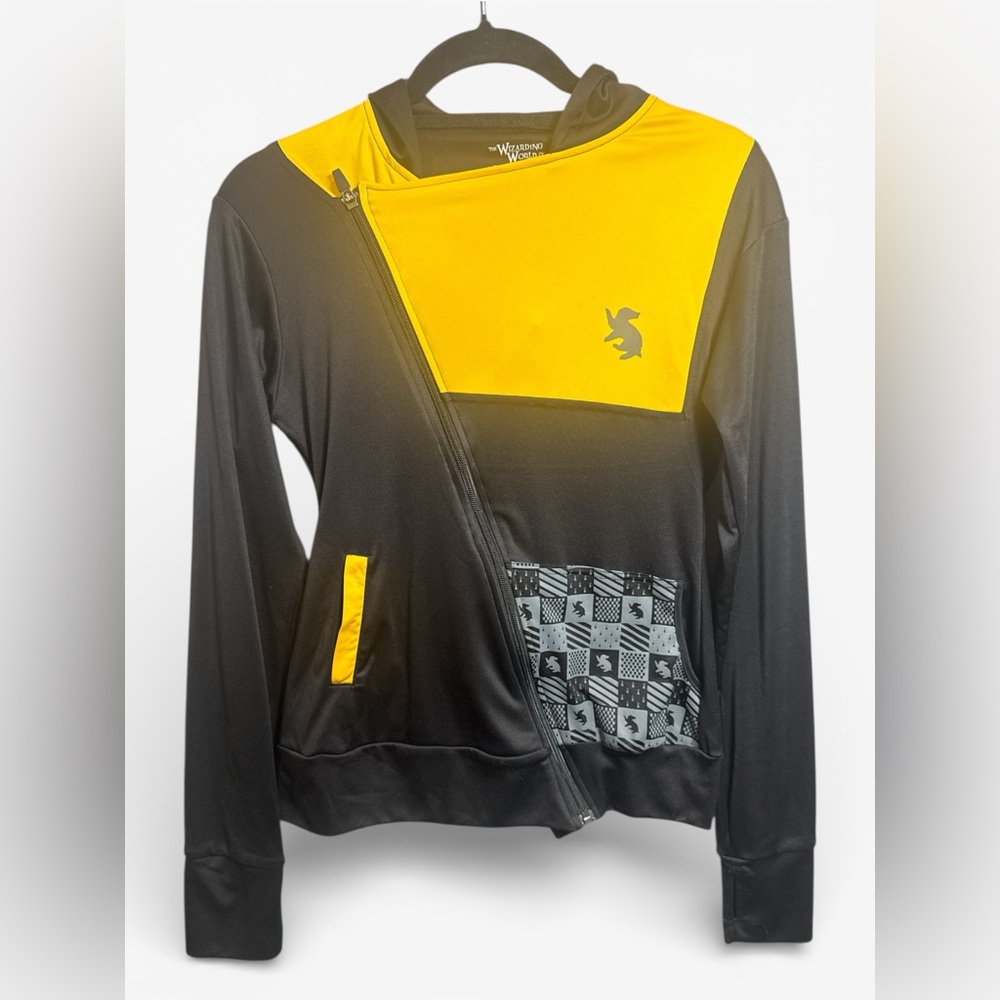 Harry Potter Hufflepuff Hoodie Zip‎ Jacket Black Yellow Universal Studios Sz S